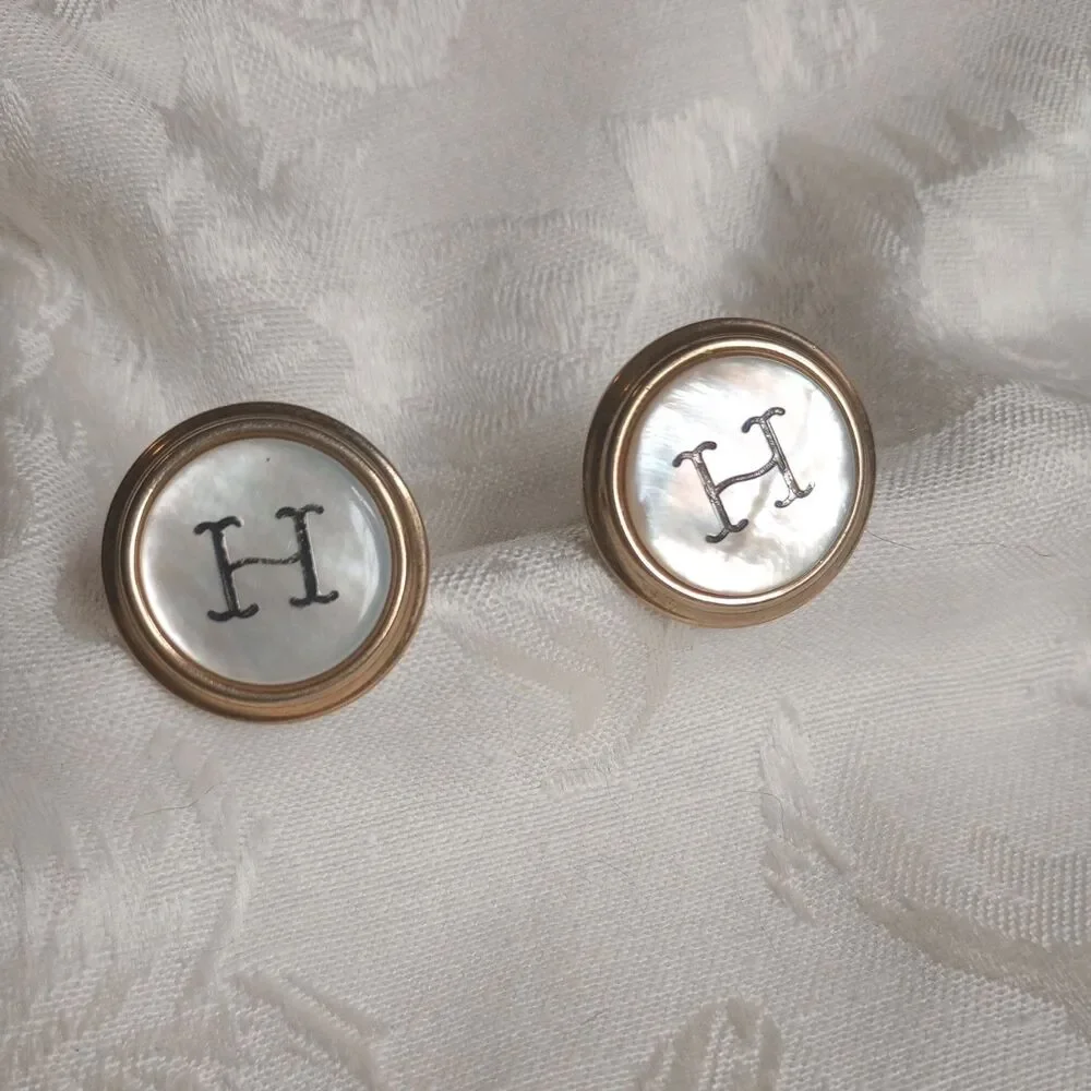 Vintage Mother of Pearl monogram H Button style Goldtone 1in  Cufflinks